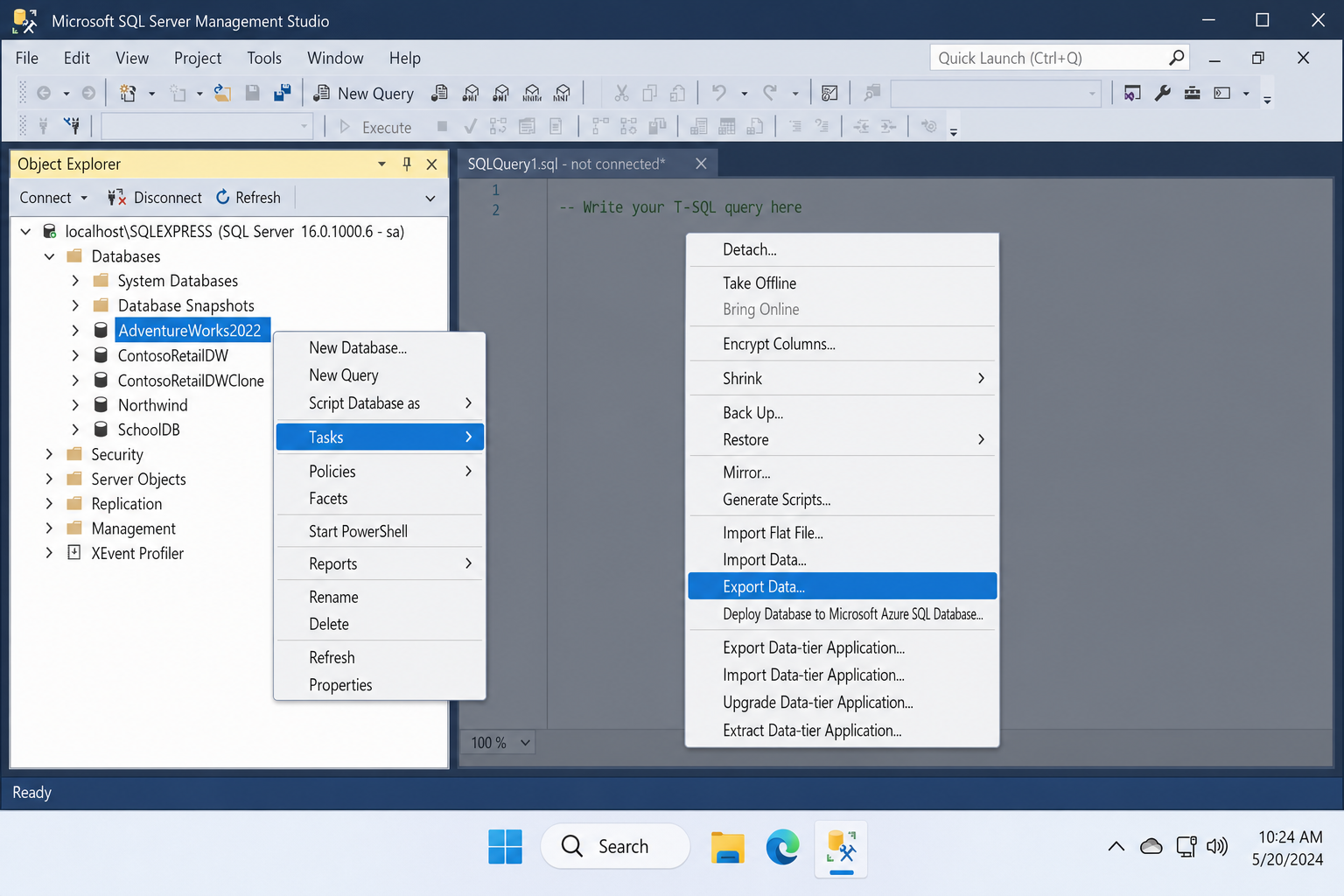 SSMS 20.x Object Explorer with a database right-clicked, showing Tasks > Export Data menu option highlighted