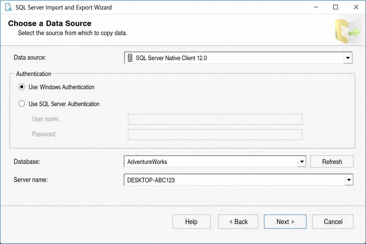 Import and Export Wizard "Choose a Data Source" screen with SQL Server Native Client selected, server name and database pre-filled