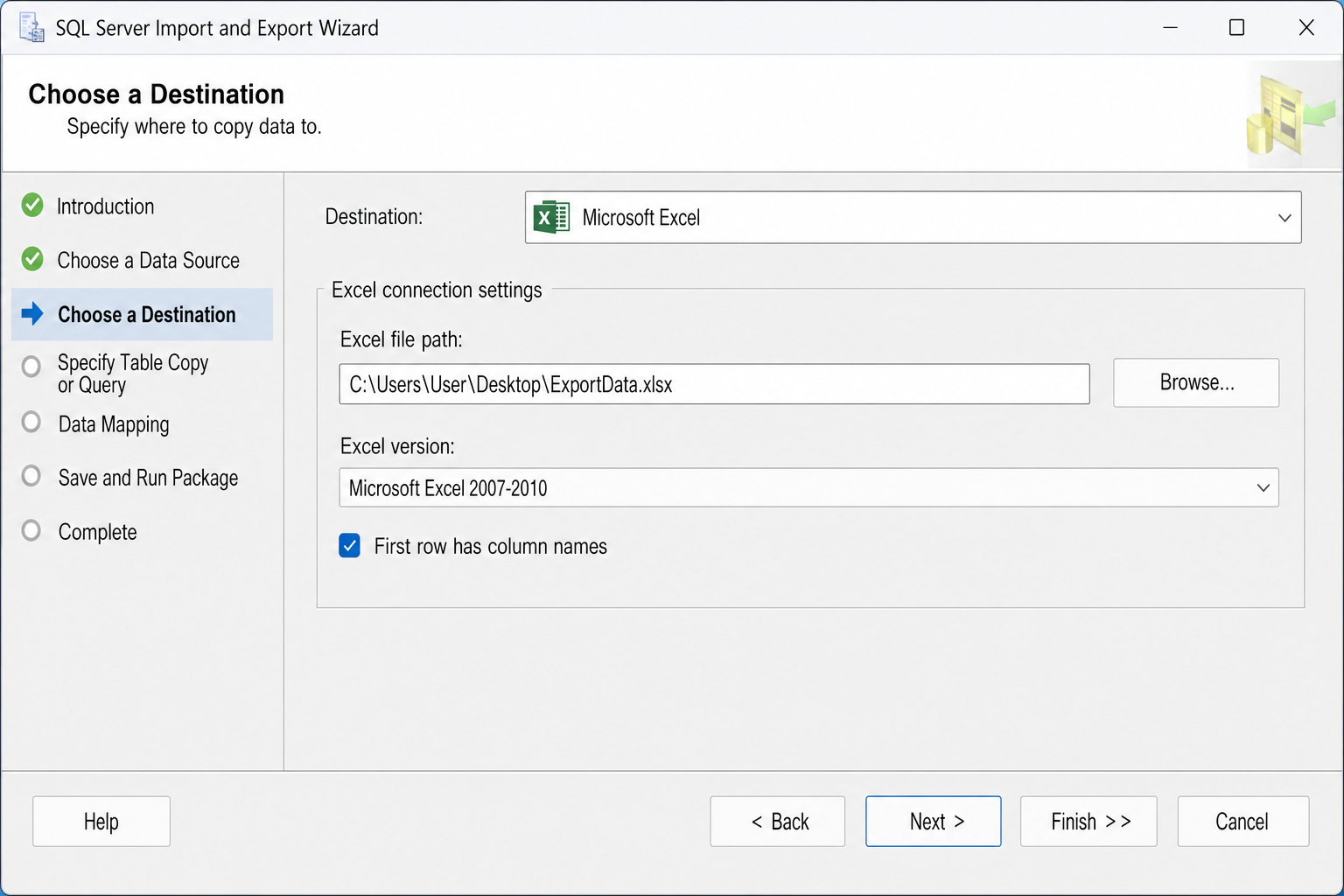 Import and Export Wizard "Choose a Destination" screen with Microsoft Excel selected as destination, .xlsx file path entered, and "First row has column names" checkbox checked