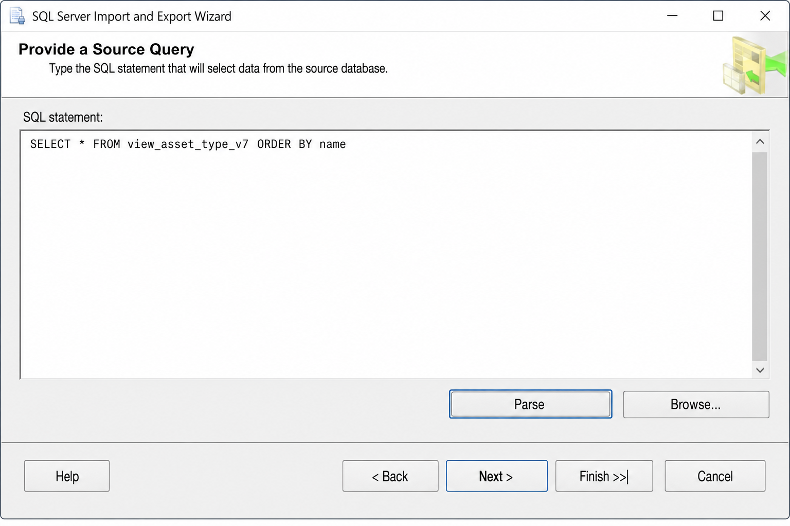 Import and Export Wizard "Provide a Source Query" screen with a SELECT statement typed in the query box and the Parse button highlighted
