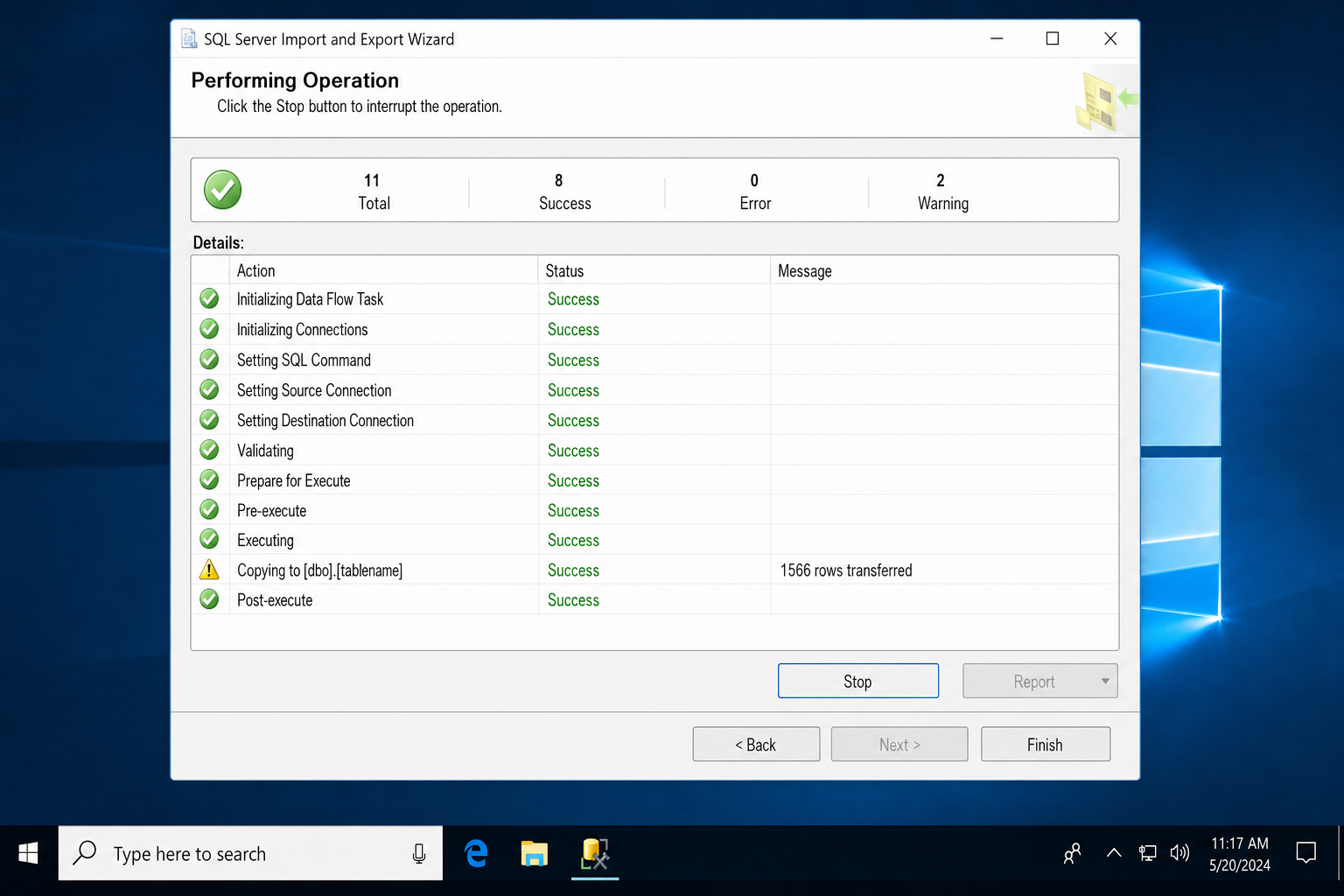 Import and Export Wizard execution summary screen showing "Success" status with row count