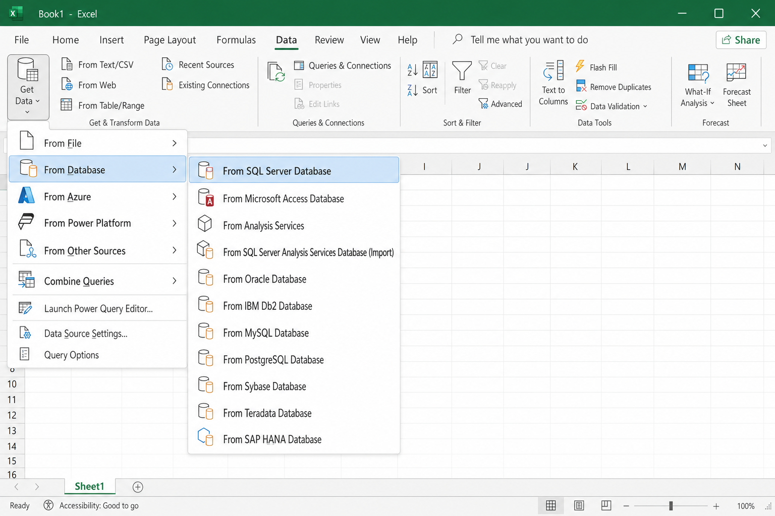 Excel 365 Data tab with Get Data > From Database > From SQL Server Database menu path highlighted