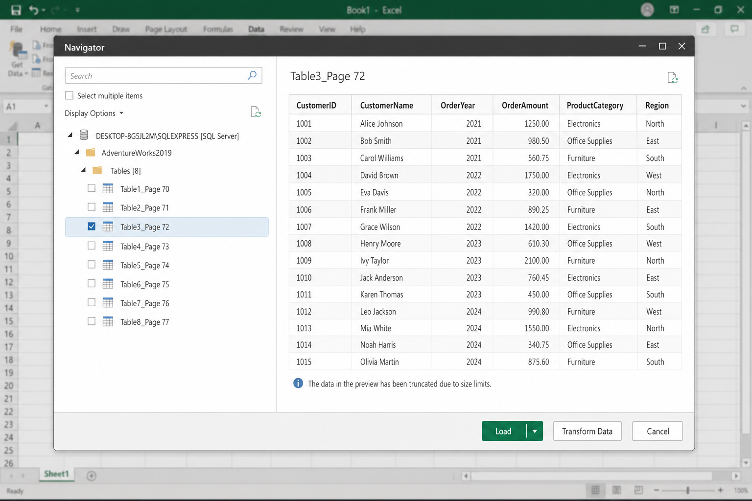 Excel Power Query Navigator pane showing a SQL Server database with tables listed and a preview of selected table data including column headers