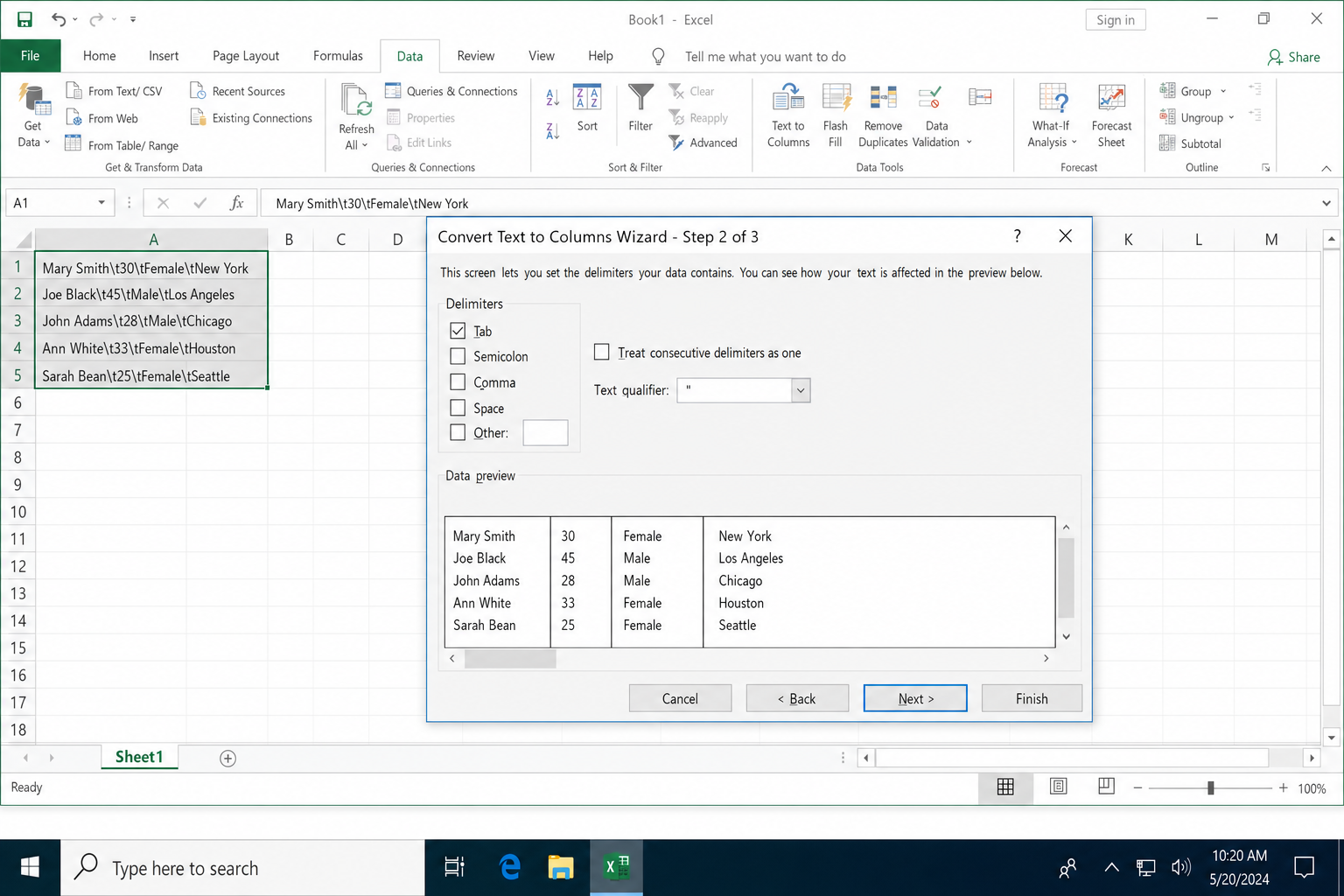 Excel Data tab with Text to Columns wizard open, "Delimited" selected and Tab checkbox checked in step 2