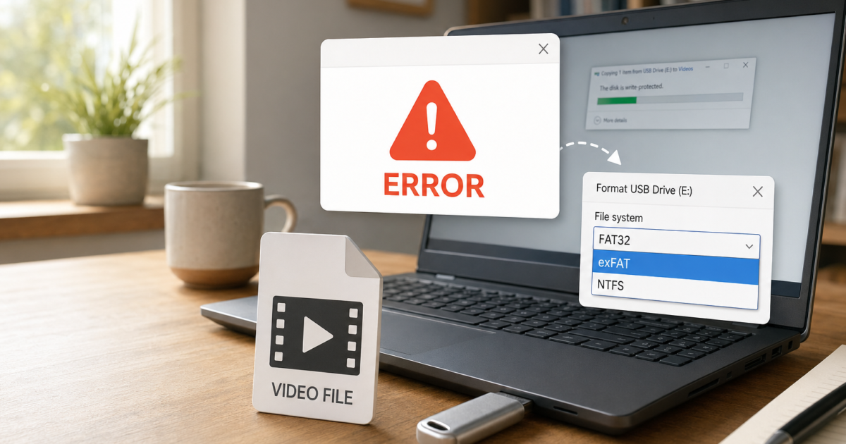 Laptop screen shows an error alert with a big red WARN/ERROR icon and text; nearby are a video file card and a USB drive format dialog on the screen indicating FAT32, exFAT, NTFS.