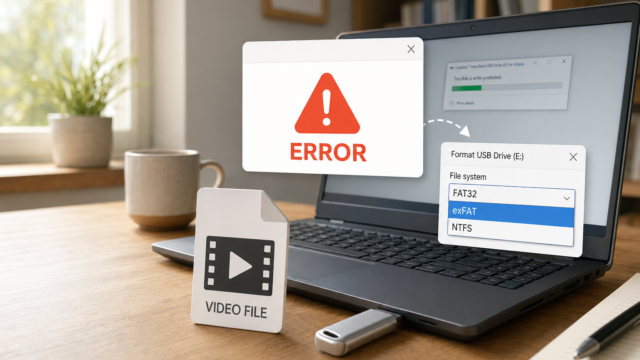 Laptop screen shows an error alert with a big red WARN/ERROR icon and text; nearby are a video file card and a USB drive format dialog on the screen indicating FAT32, exFAT, NTFS.