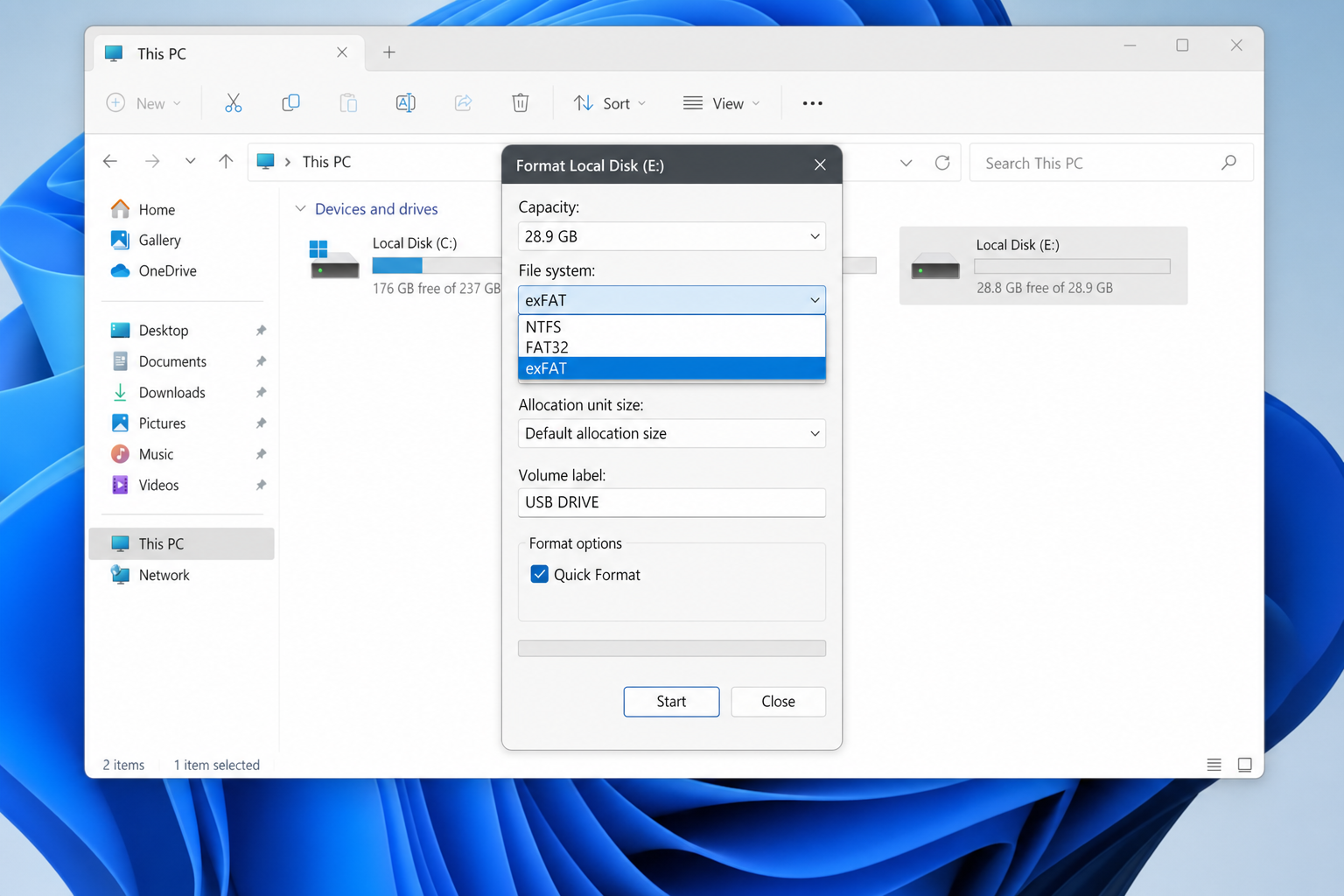 Windows 11 File Explorer Format dialog with File system dropdown open showing exFAT selected