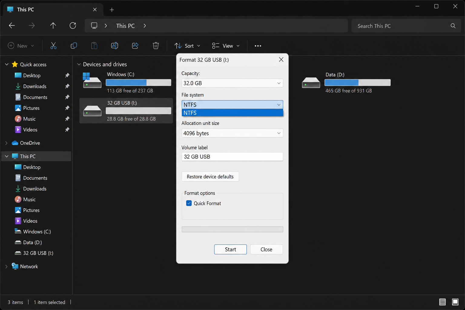 Windows 11 File Explorer Format dialog with File system dropdown showing NTFS selected