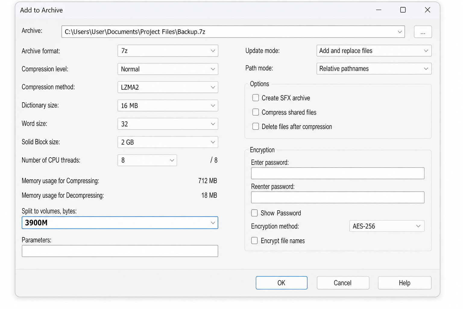 7-Zip Add to Archive dialog with Split to volumes field filled in as 3900M