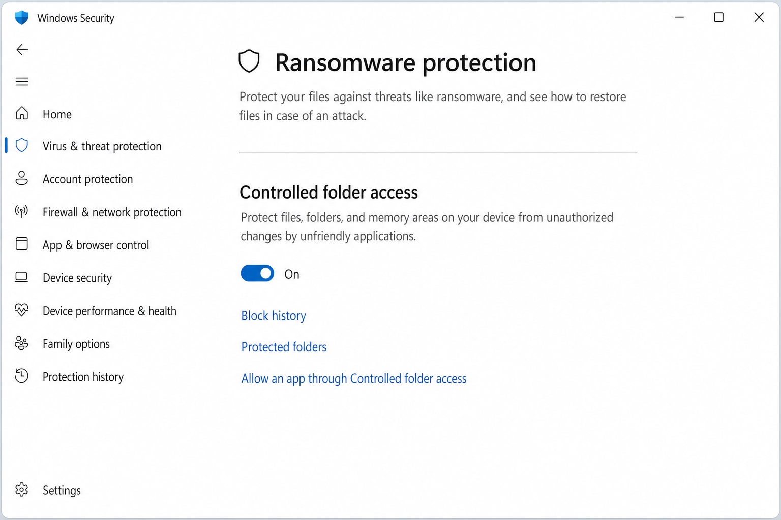 Windows Security Ransomware protection panel showing Controlled folder access toggle