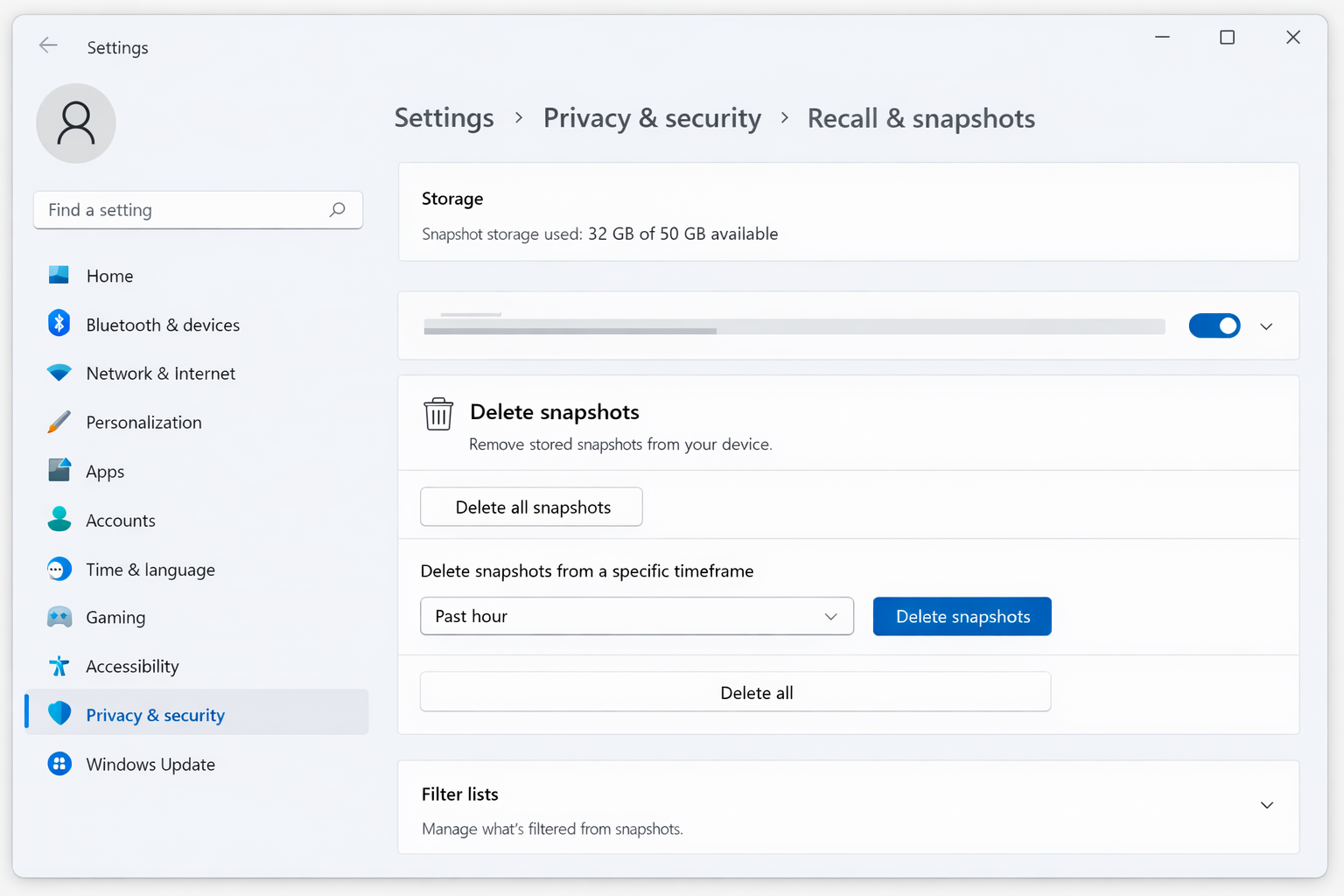 Settings/> Privacy & Security > Recall & Snapshots — the Delete snapshots dialog showing options to delete all snapshots, delete by date range, and delete by app