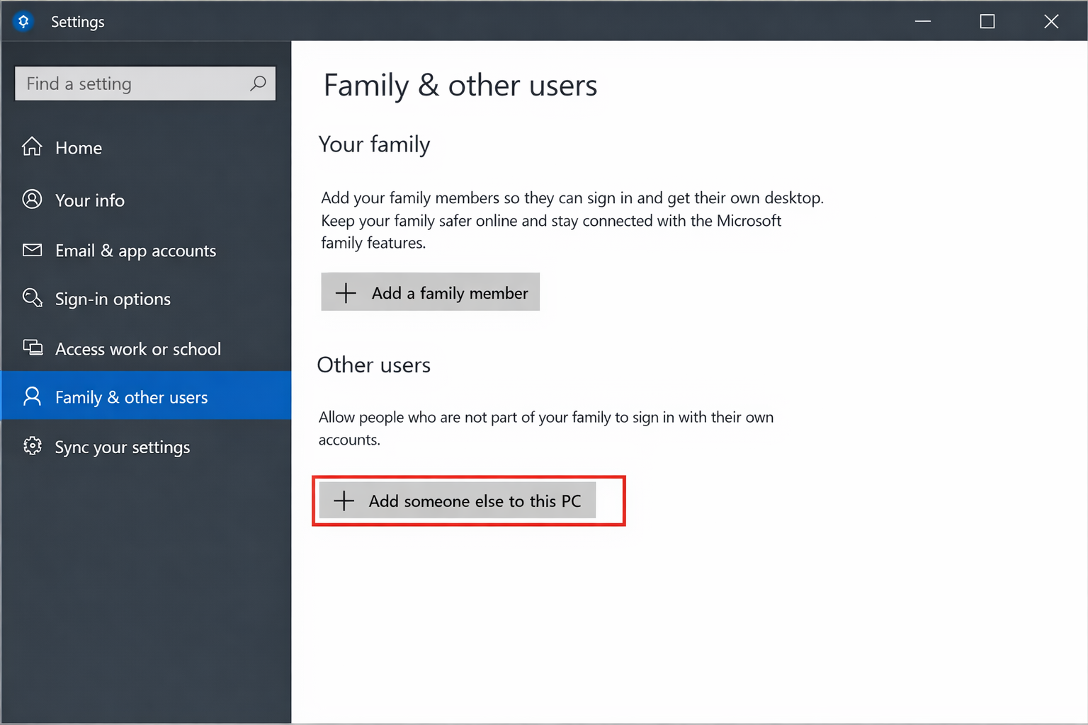 Settings/> Accounts > Family & other users — the Other users panel showing the Add account button and any existing user accounts listed below