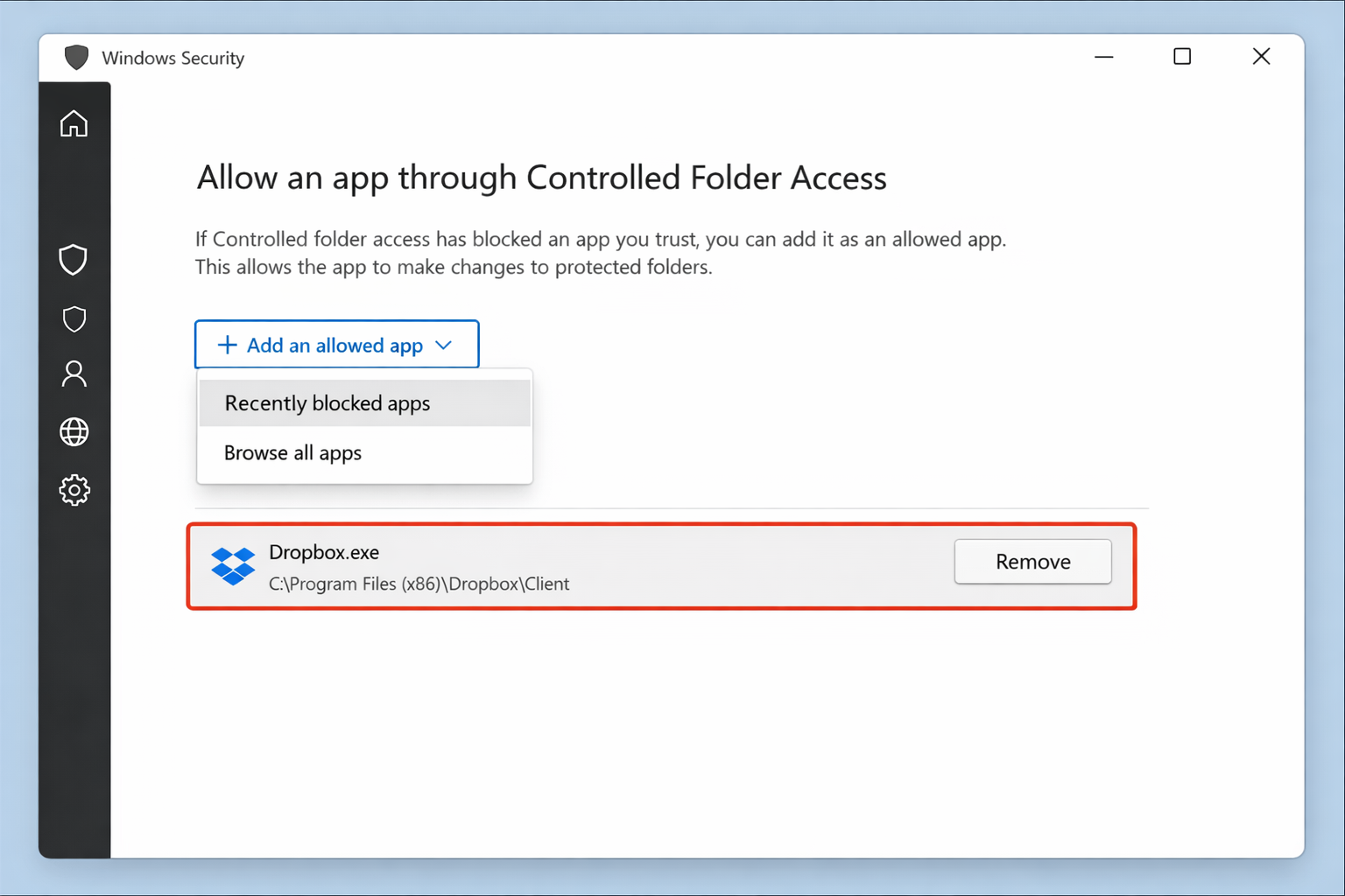 Windows Security/> Controlled Folder Access > Allow an app through Controlled Folder Access — the allowlist management panel showing the + Add an allowed app button with Recently blocked apps and Browse all apps options