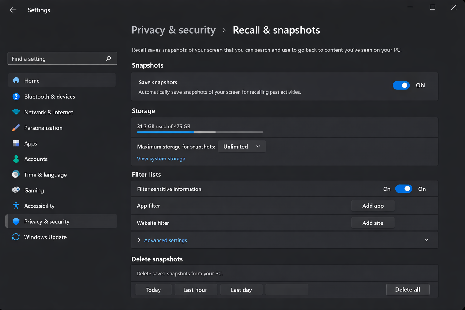 Settings/> Privacy & Security > Recall & Snapshots — full panel showing Save snapshots toggle at top, app filtering and exclusion options in the middle, and Delete snapshots section at the bottom