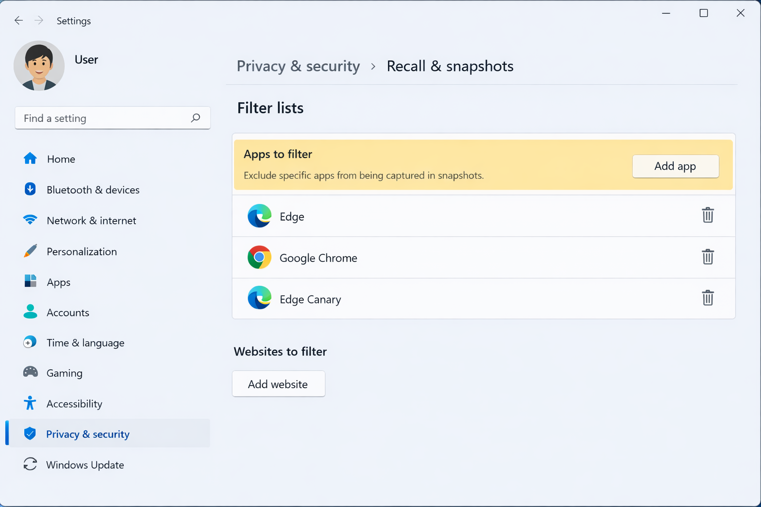 Settings/> Privacy & Security > Recall & Snapshots — the Excluded apps or Filter sensitive content subsection showing the Add app button and at least one app already in the exclusion list