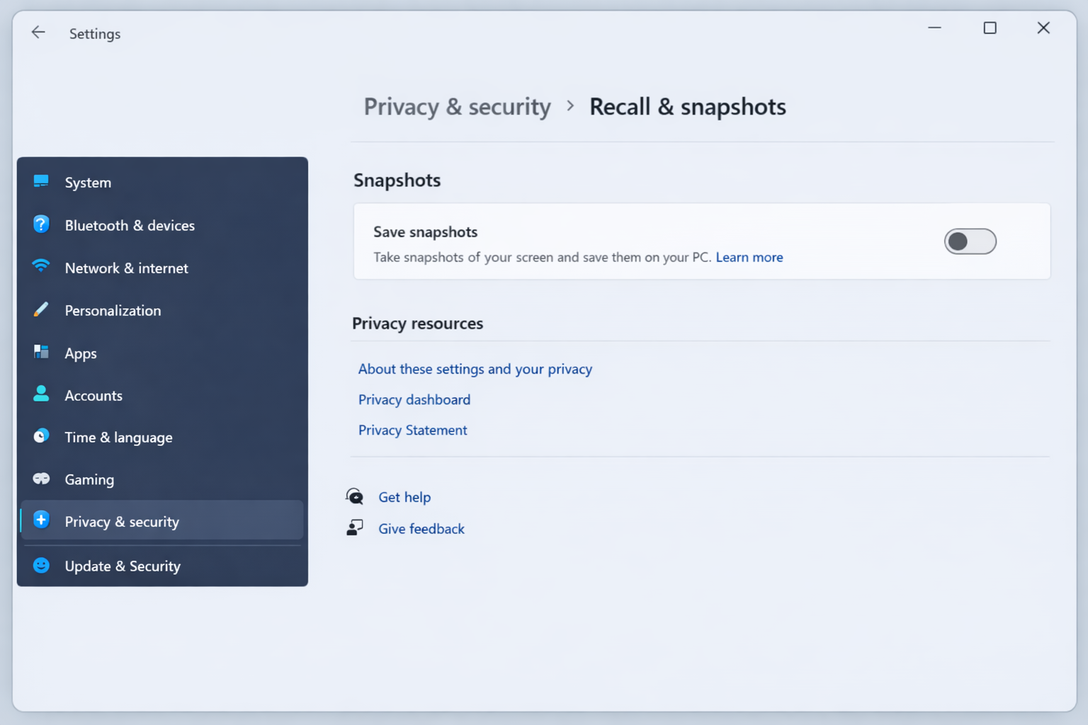 Settings/> Privacy & Security > Recall & Snapshots — Save snapshots toggle in the Off position