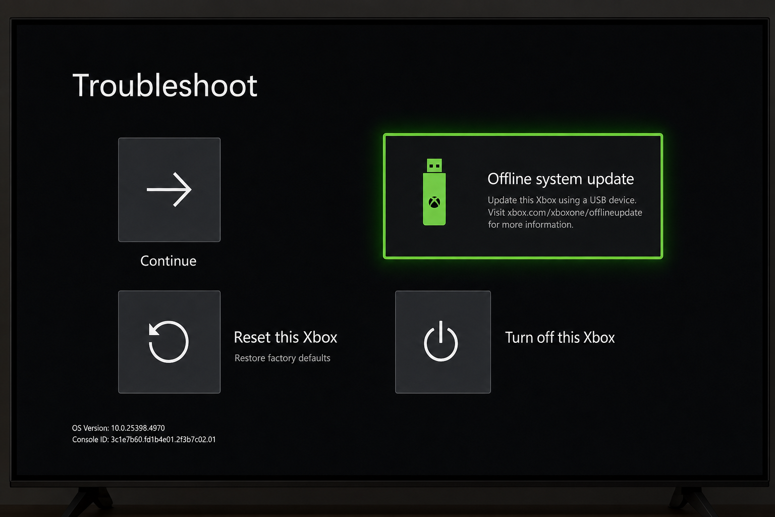 Xbox Startup Troubleshooter menu screen showing the Offline system update option available for selection
