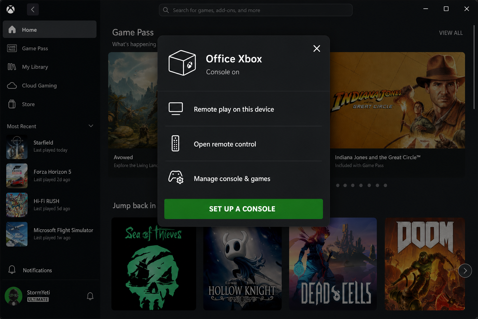 Xbox app on Windows showing the connected console panel in the remote management or Consoles section