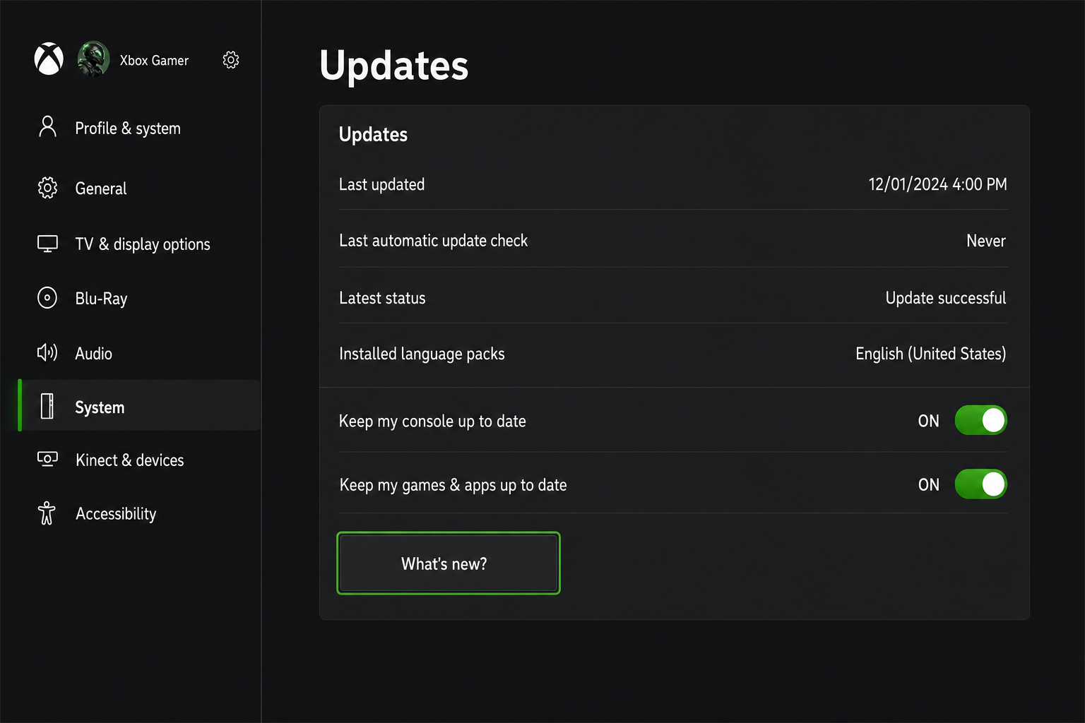 Xbox Series X/S Settings/> System > Updates screen showing the Updates section with auto-download toggle visible