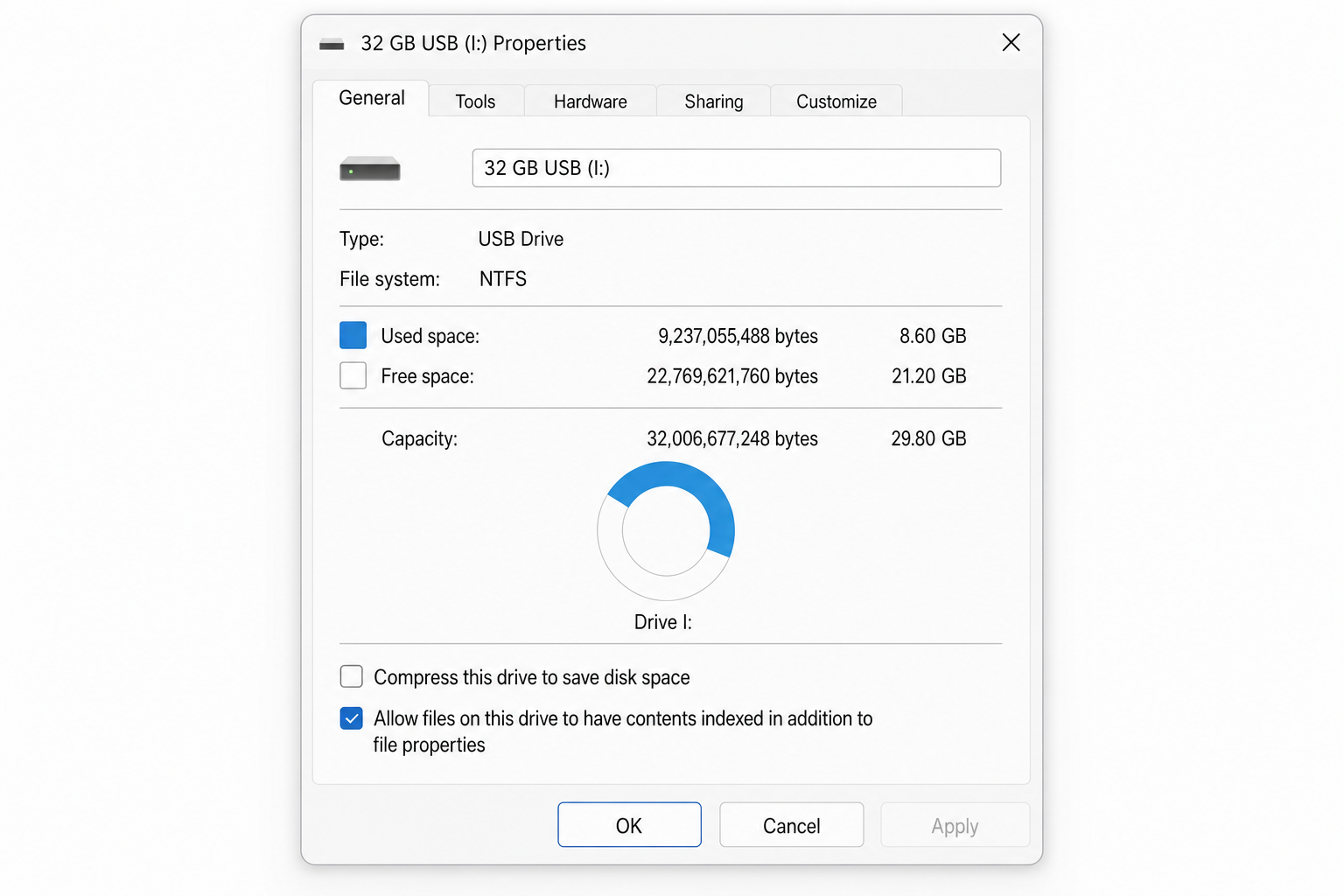 USB drive Properties dialog on the General tab showing File System: NTFS confirmed