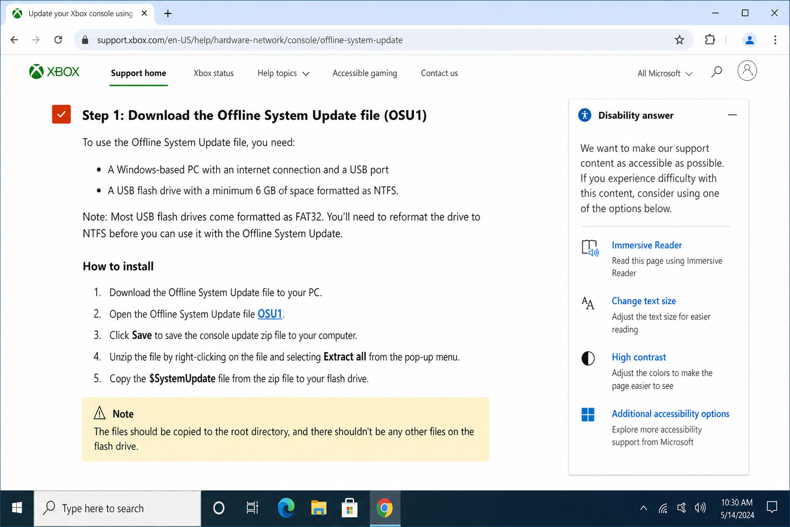 Xbox Support Offline System Update page showing the OSU1 download section with the download link visible
