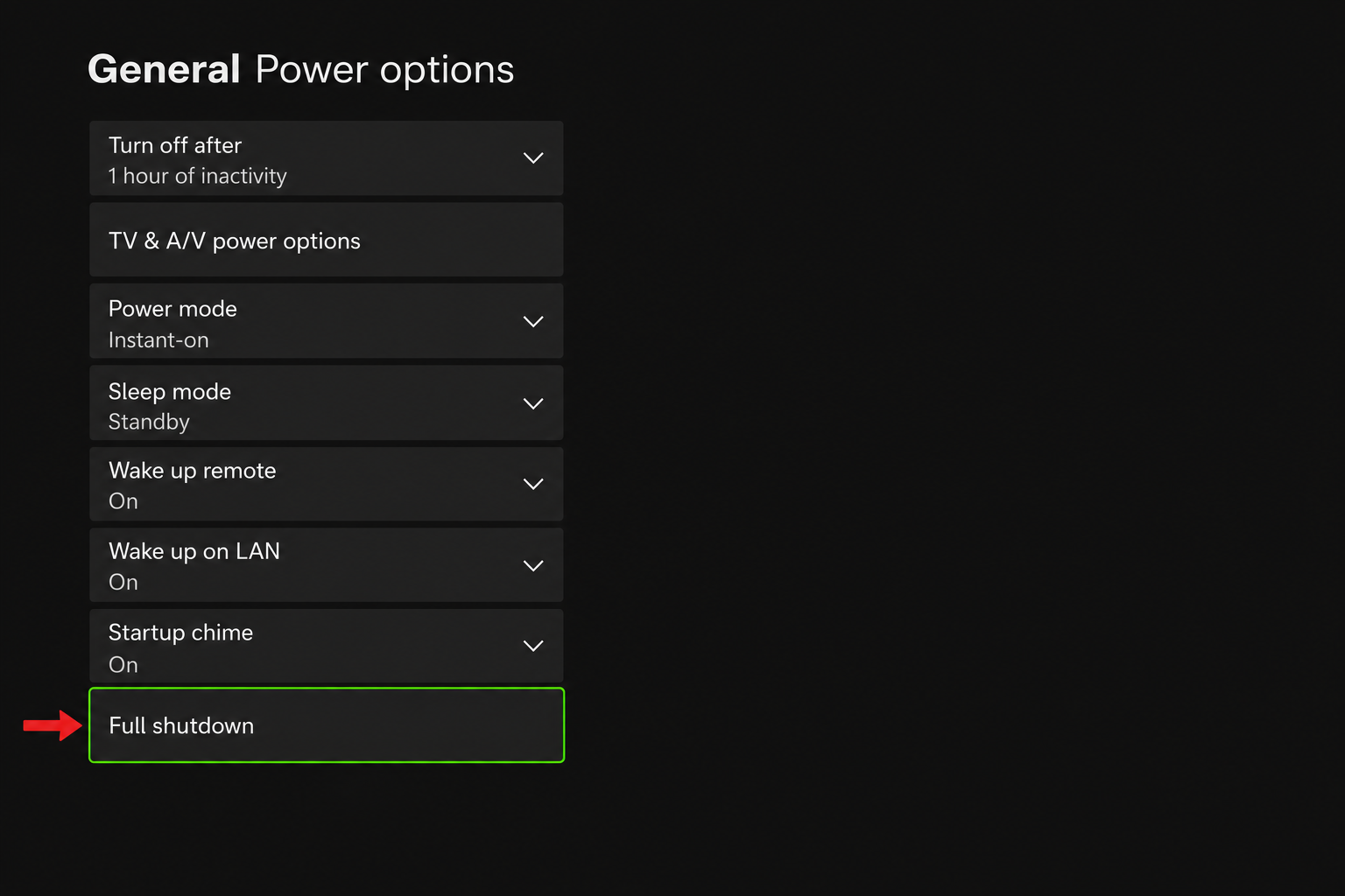 Xbox Series X/S Settings/> General > Power options screen showing the Full Shutdown option highlighted