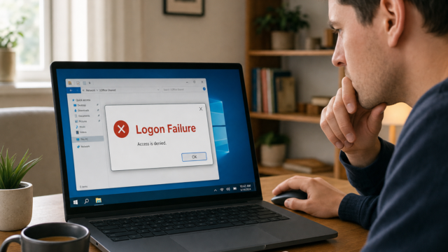 Person at a desk looks at a laptop displaying a 'Logon Failure' dialog: 'Access is denied'.