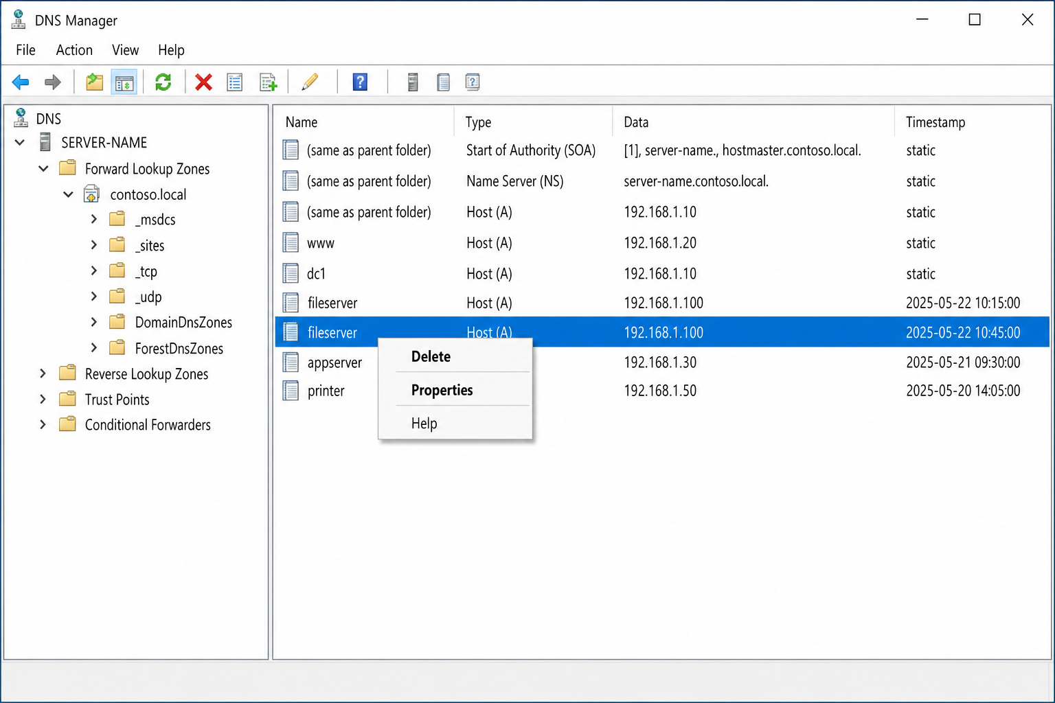 DNS Manager showing forward lookup zone with duplicate A records for a server highlighted, right-click context menu with Delete option visible