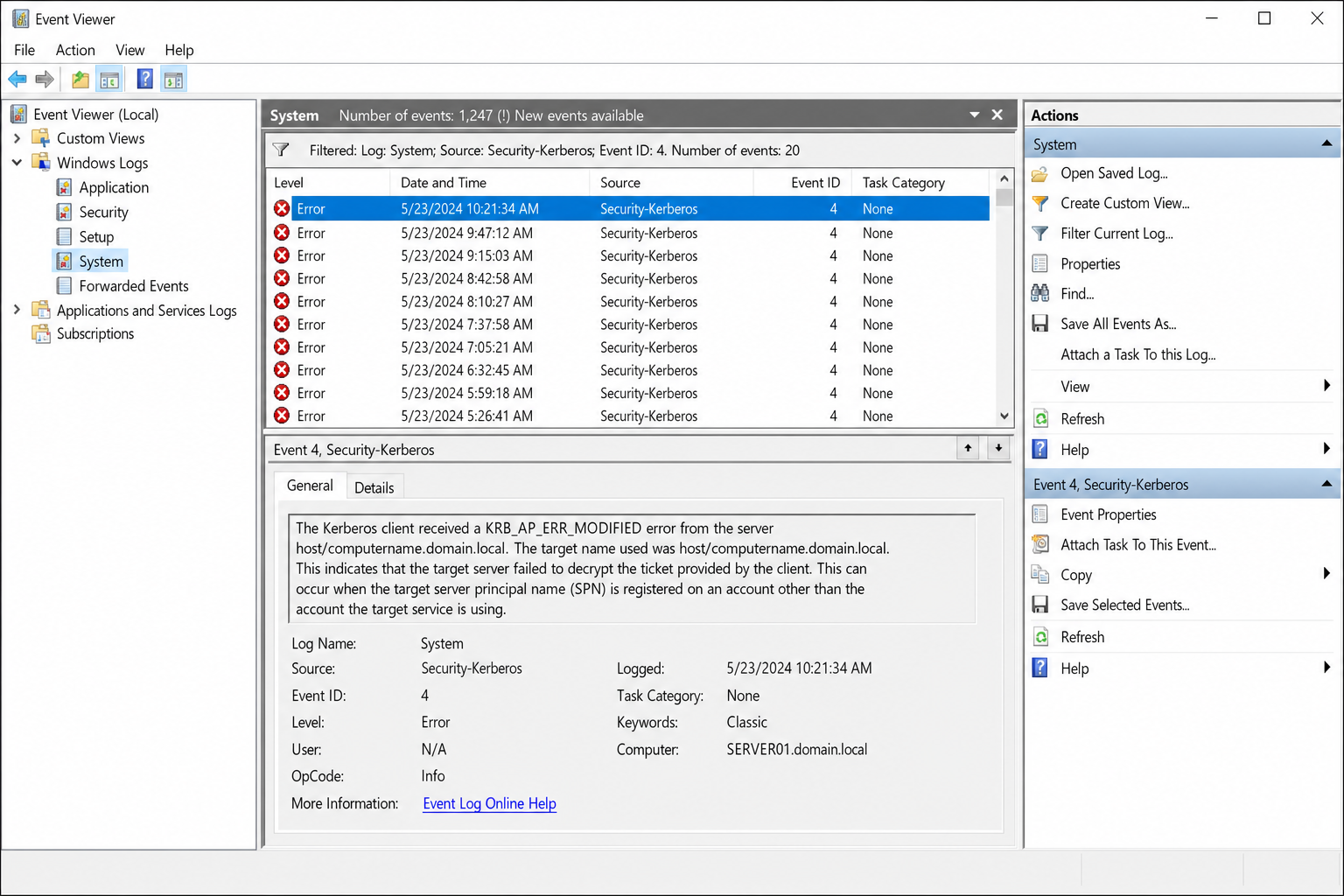 Event Viewer showing Windows Logs > System filtered for Event ID 4 from Security-Kerberos source, with KRB_AP_ERR_MODIFIED detail visible