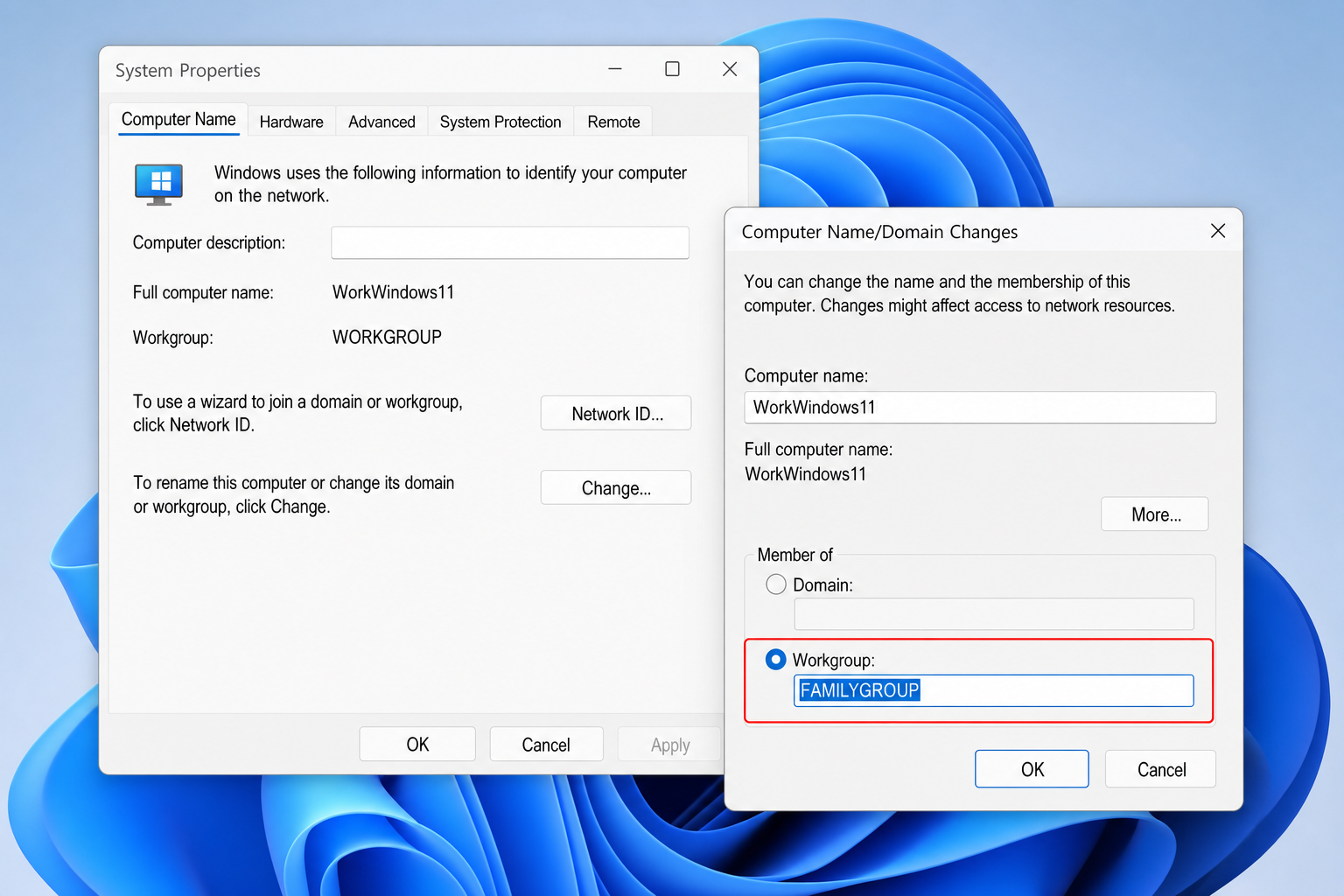 Windows 11 System Properties > Computer Name tab showing Domain/Workgroup radio buttons and Change button