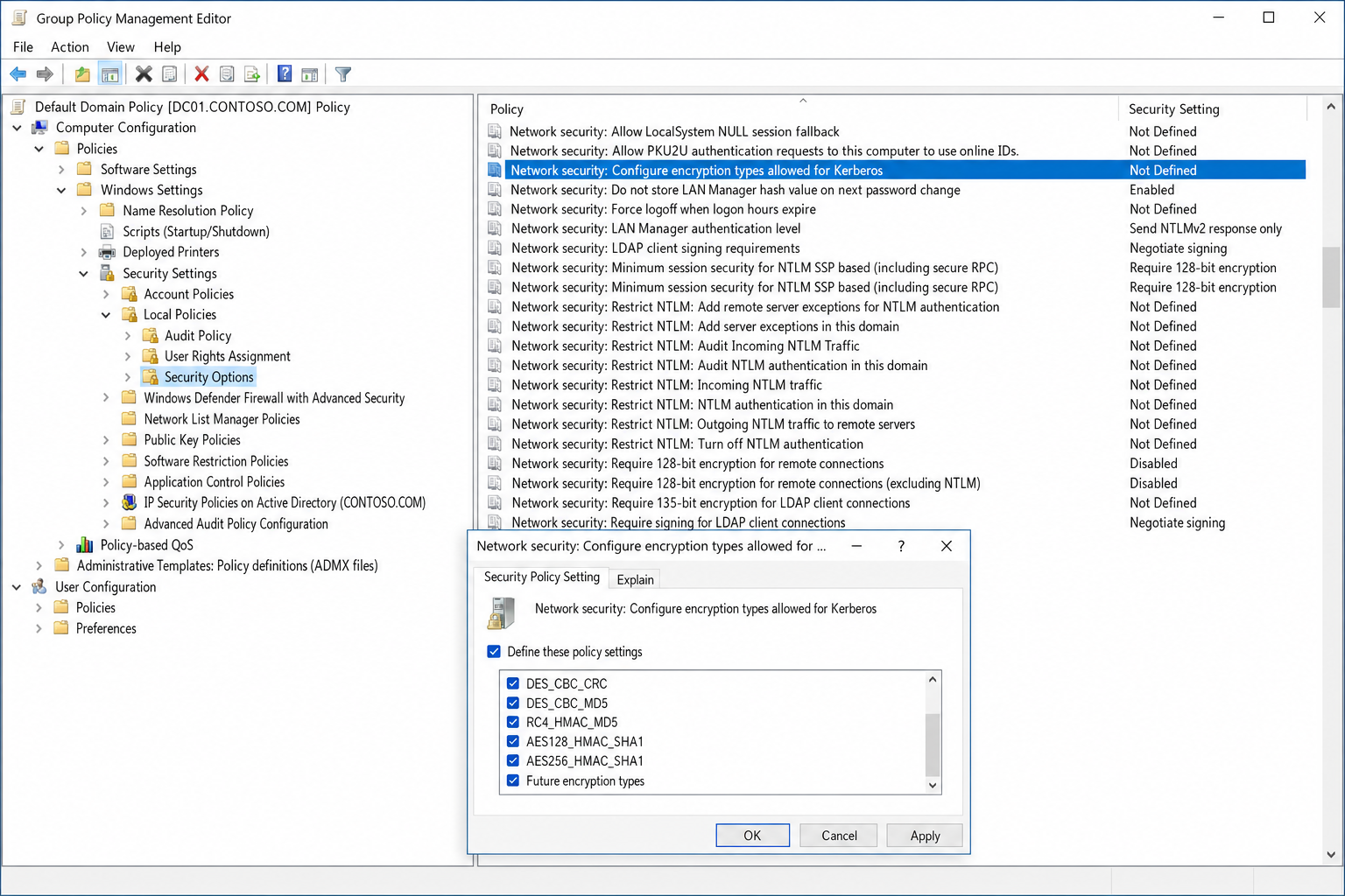 Group Policy Management Editor showing Security Options with "Network security: Configure encryption types allowed for Kerberos" policy open and all encryption checkboxes selected