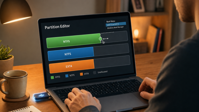 Partition Editor UI on a laptop screen showing NTFS (green/blue) and EXT4 (orange) partitions, with a USB drive connected nearby.