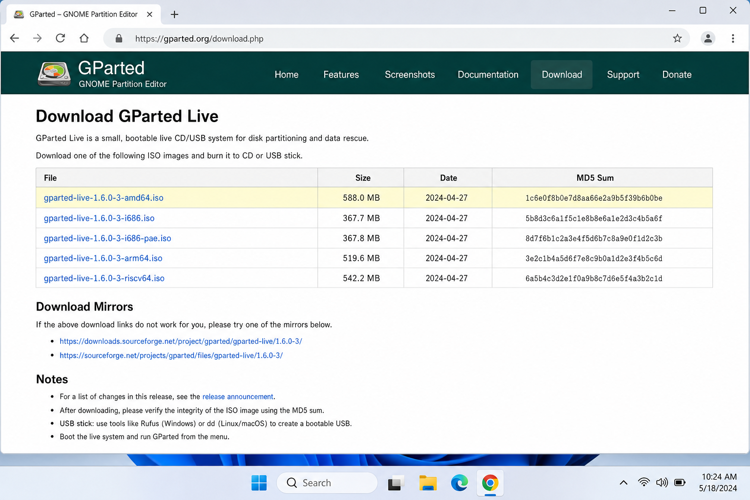 GParted download page at gparted.org/download.php with the amd64 ISO file highlighted