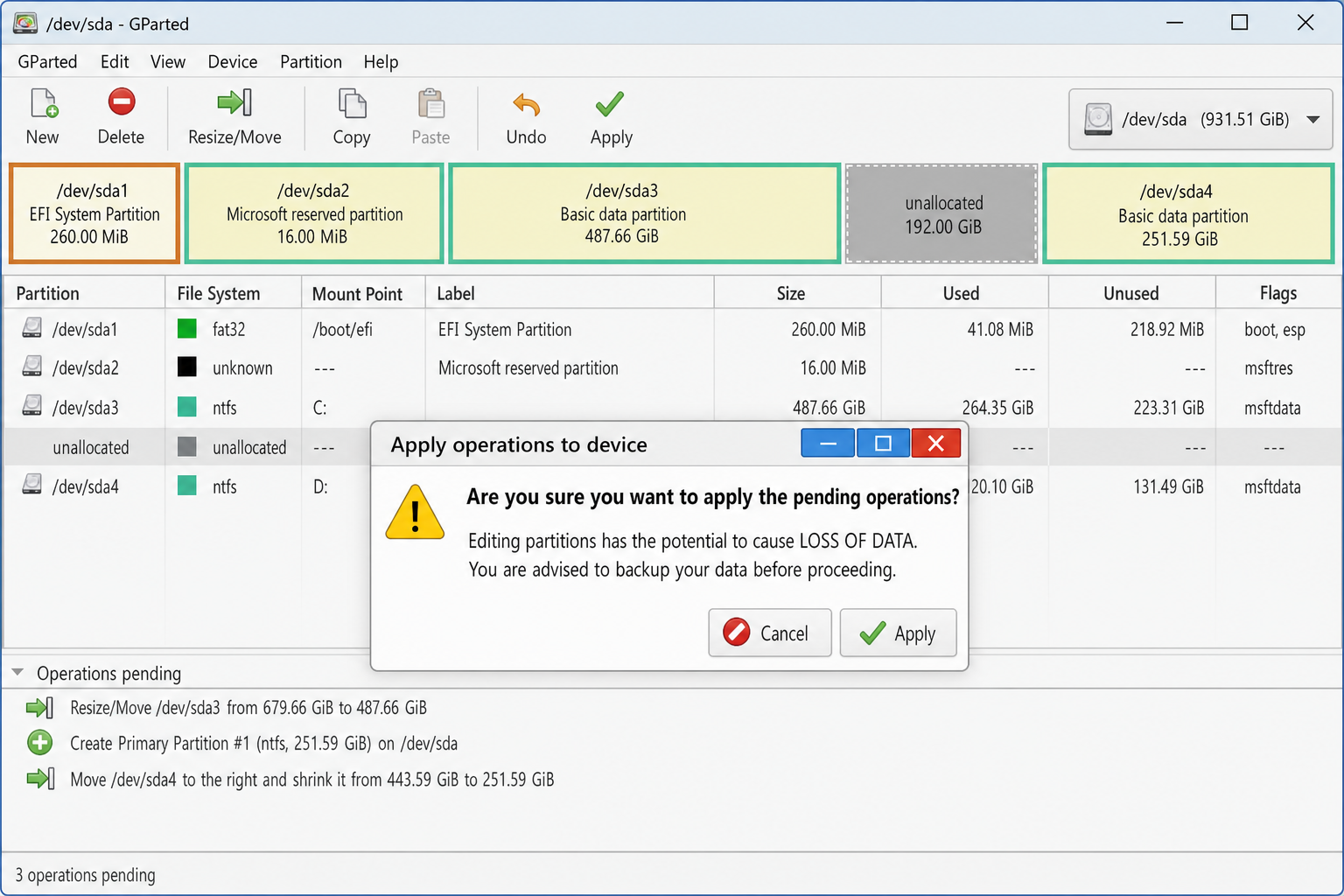 GParted Apply All Operations confirmation dialog warning that changes cannot be undone, with Apply button visible
