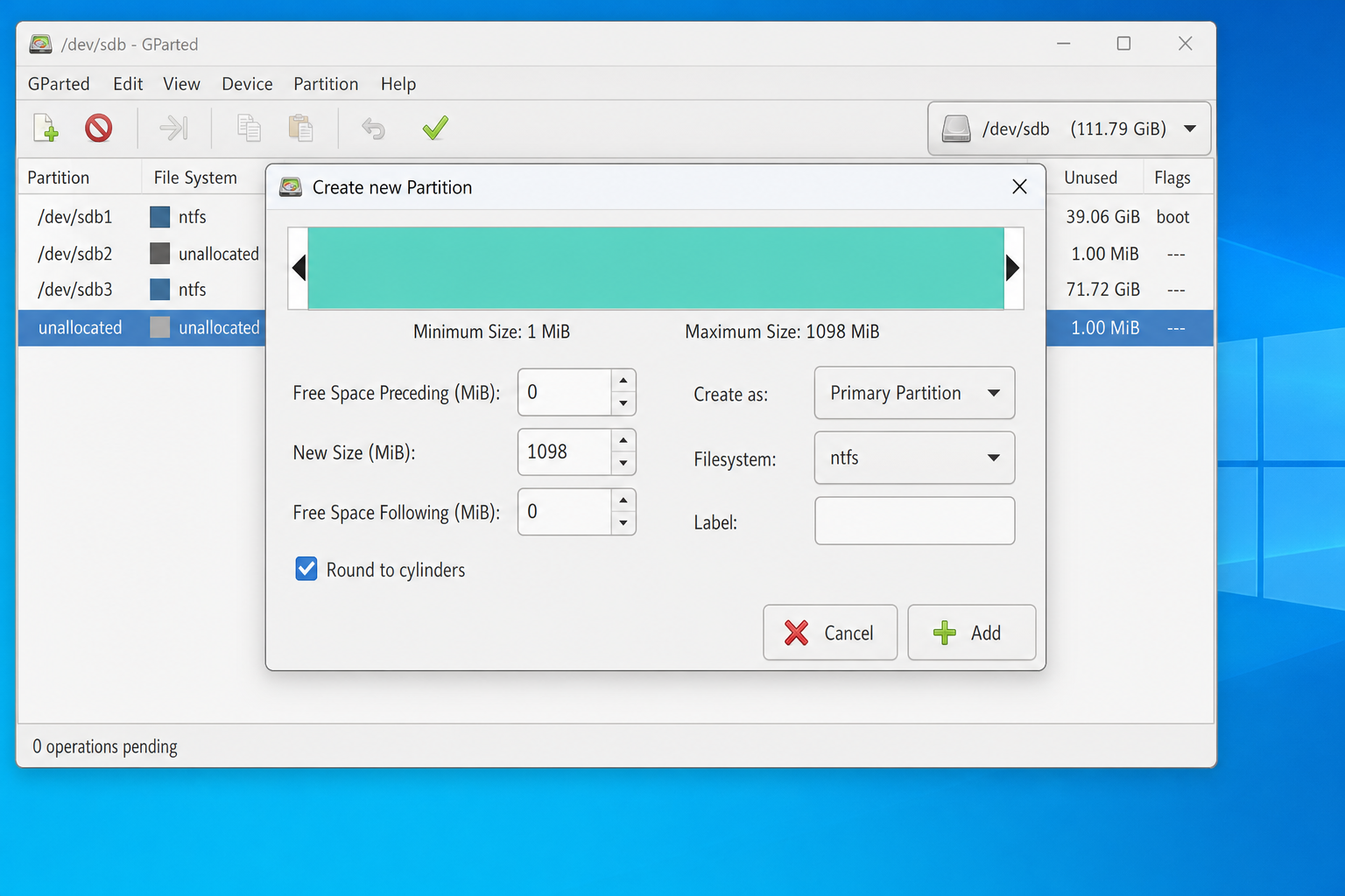 GParted Create new Partition dialog with partition size, file system dropdown set to ntfs, partition type set to Primary Partition, and label field
