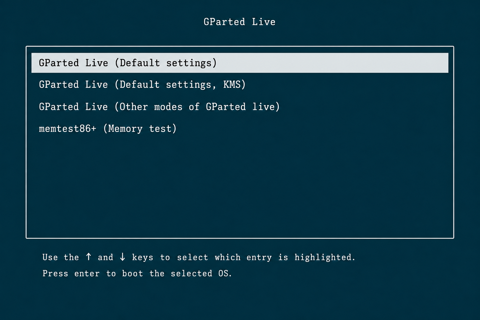 GParted Live boot menu showing options including GParted Live (Default settings), Other modes, and Memory test