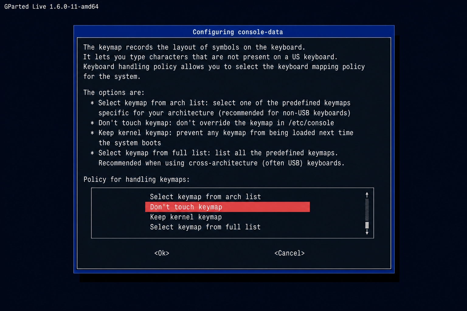 GParted Live keymap selection screen with Don't touch keymap highlighted