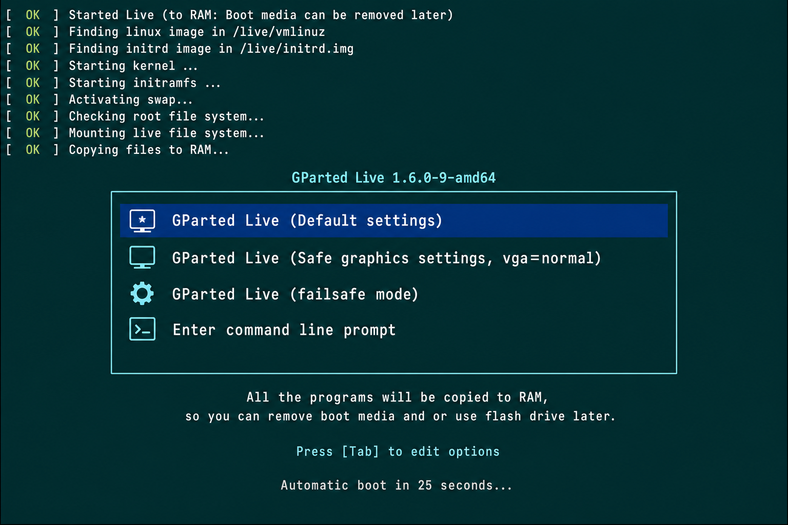 GParted Live mode selection screen with default option highlighted, ready to press Enter