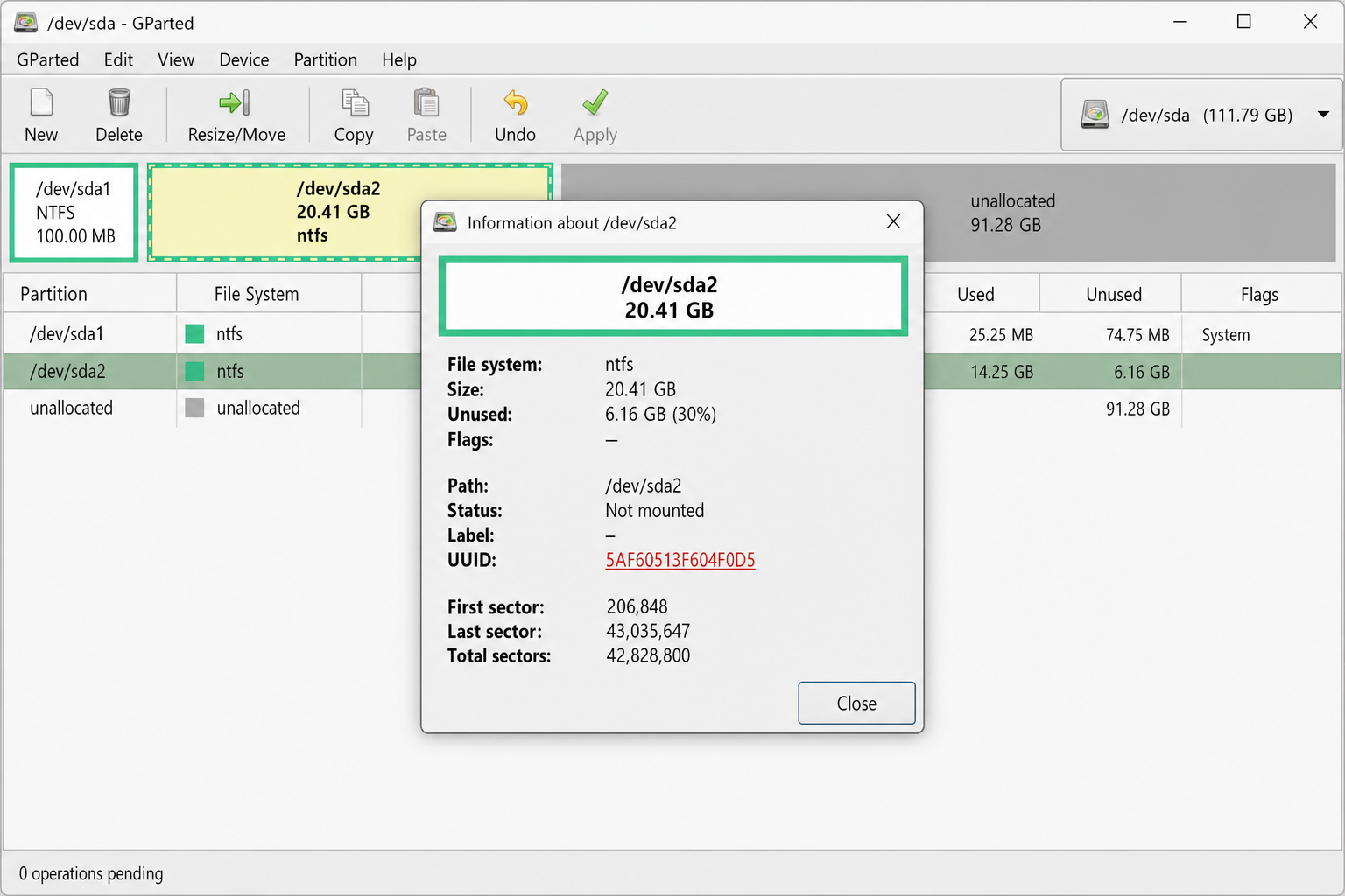 GParted partition information dialog showing UUID, file system, label, mount point, and size for a selected NTFS partition