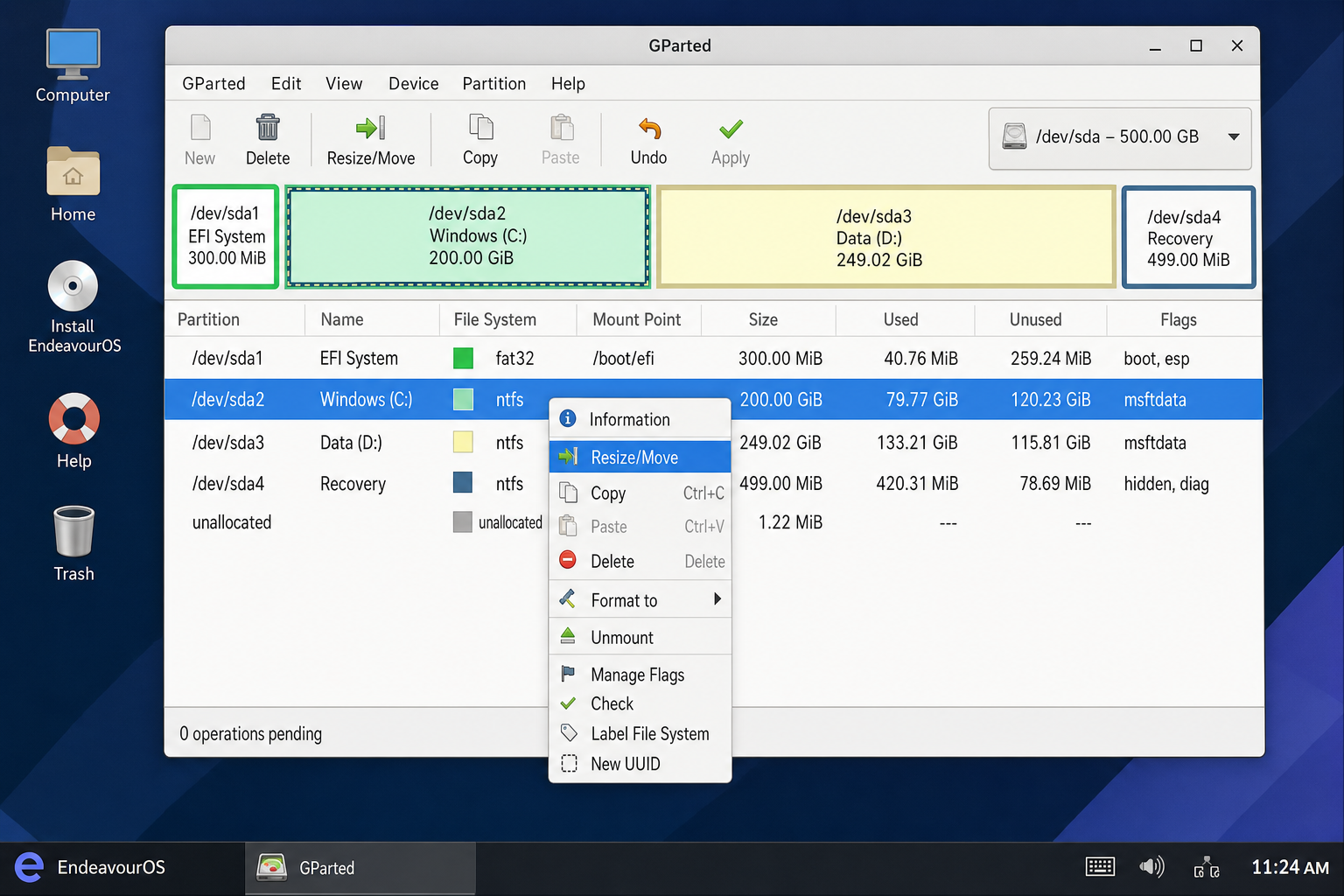 GParted right-click context menu on an NTFS partition with Resize/Move highlighted