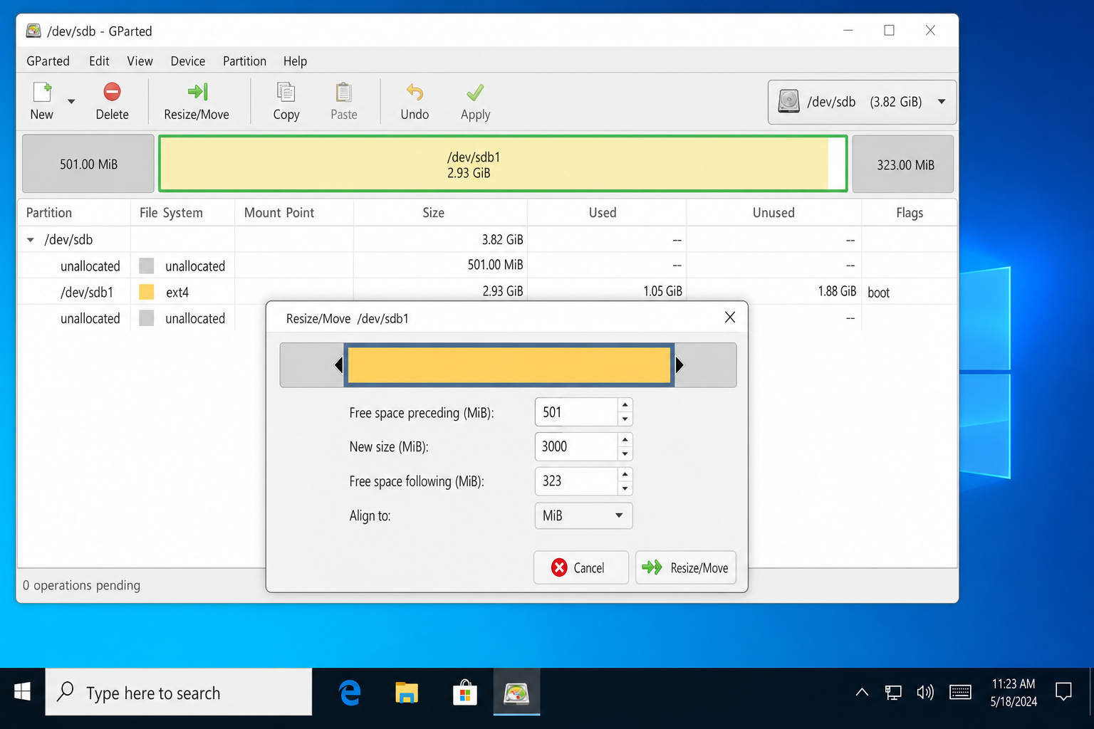 GParted Resize/Move dialog showing the partition bar with draggable handles, New size field, Free space preceding and following fields