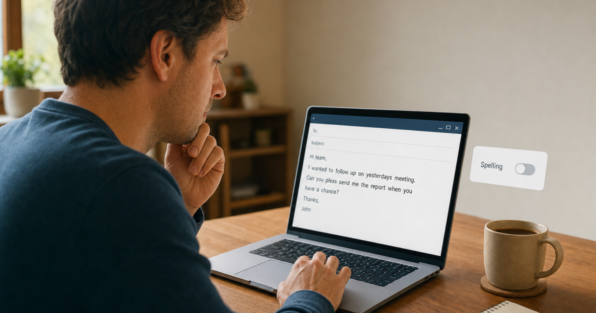 Man typing an email on a laptop at a wooden desk; a spelling toggle appears beside the screen.