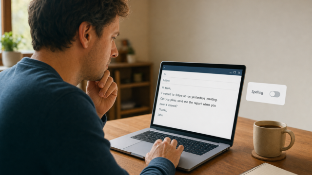 Man typing an email on a laptop at a wooden desk; a spelling toggle appears beside the screen.