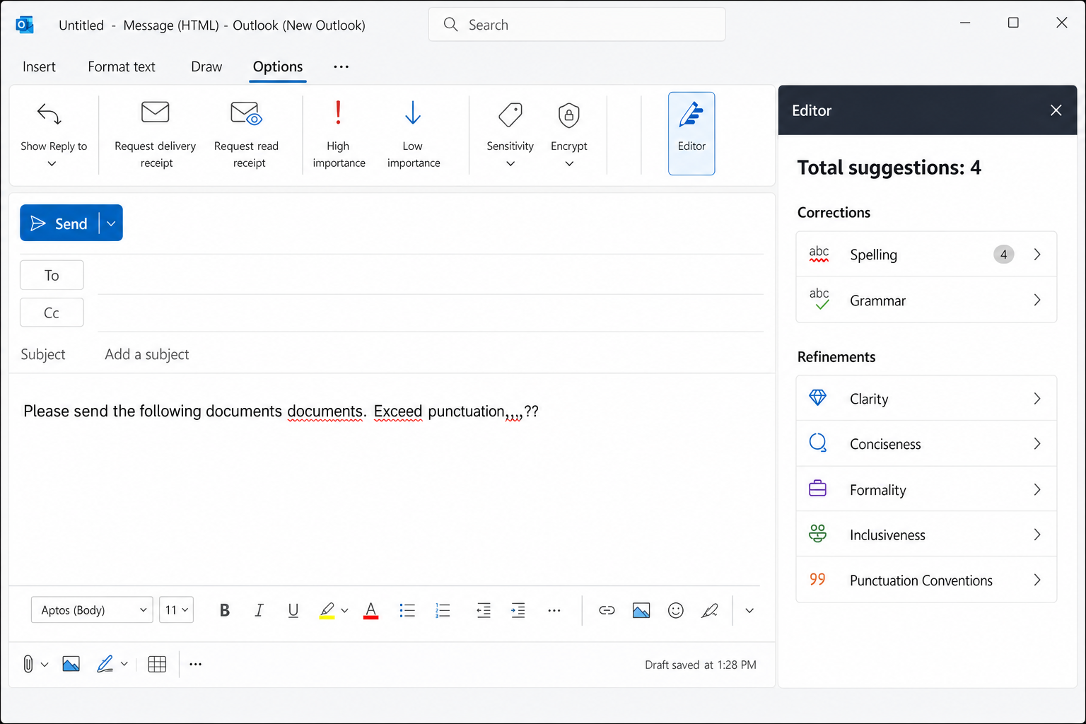 New Outlook compose window with Message tab open, Editor button highlighted, and Editor Settings panel showing spelling and grammar toggles turned on