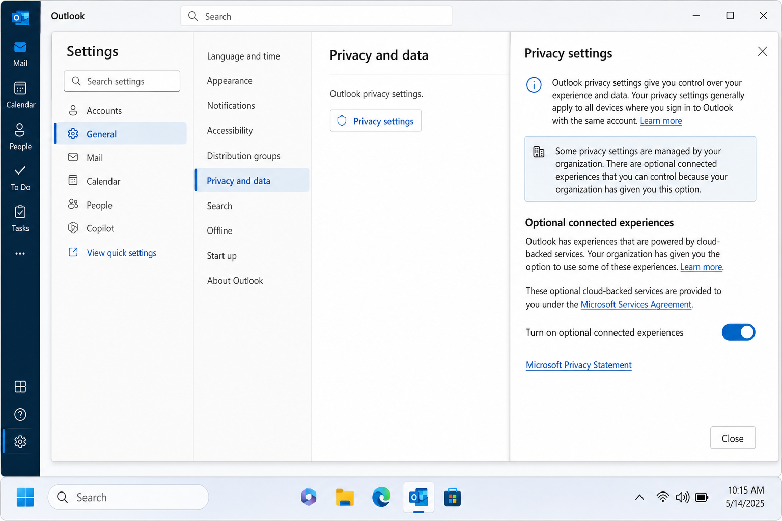 New Outlook Settings panel showing General > Privacy and Data > Privacy Settings with "Turn on optional connected experiences" toggle enabled