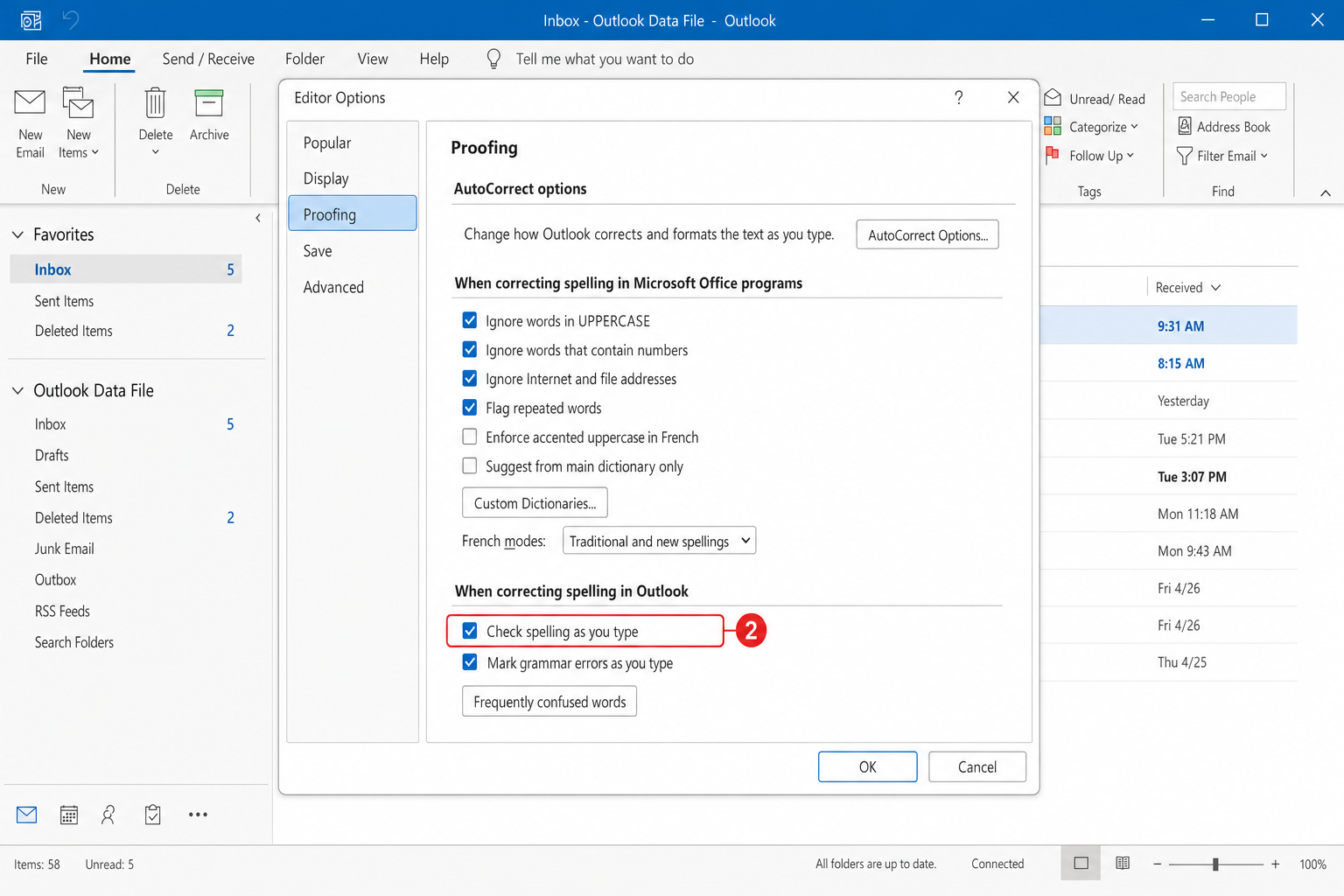 Outlook Options > Mail > Editor Options > Proofing panel with "Check spelling as you type" checkbox checked under the "When correcting spelling and grammar in Outlook" section