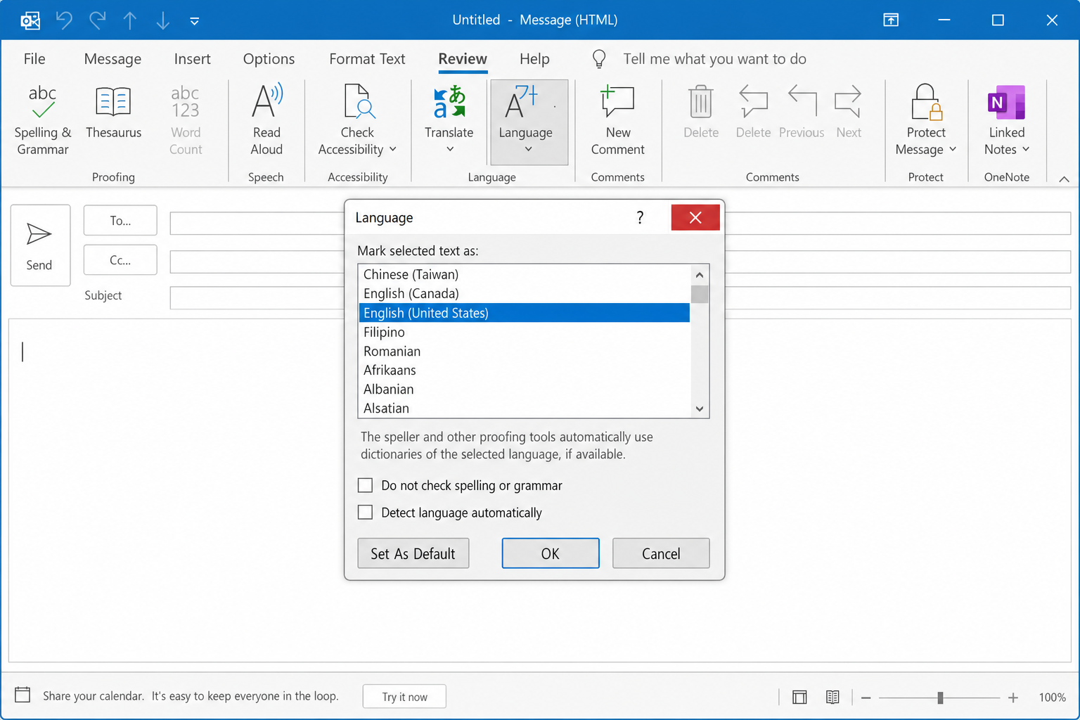 Outlook new email compose window with Review tab open, Language > Set Proofing Language dialog showing language list, "Detect language automatically" checkbox unchecked, and "Do not check spelling or grammar" checkbox unchecked