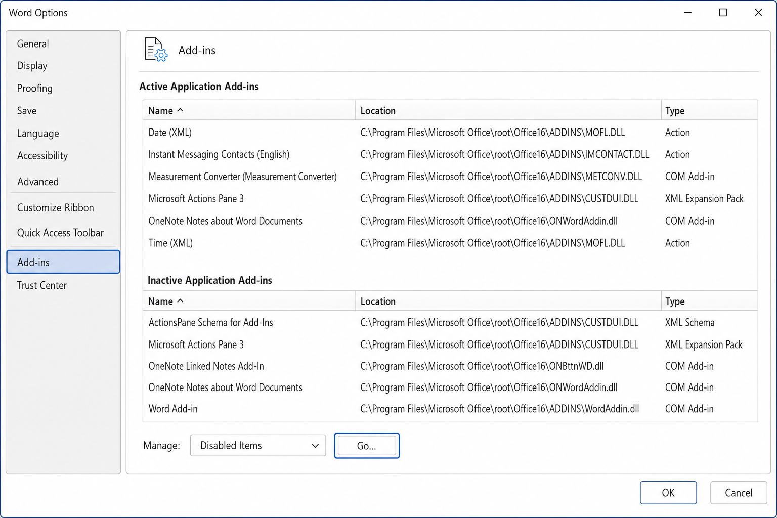 Word Options > Add-Ins panel with "Manage: Disabled Items" selected in the dropdown and the Go button highlighted