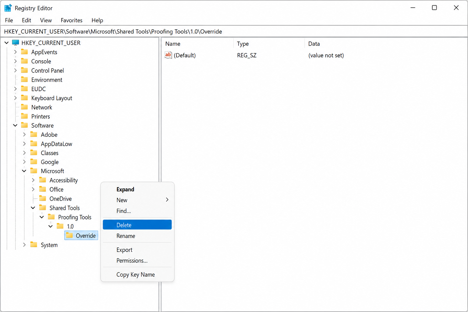 Registry Editor showing the path HKEY_CURRENT_USER\Software\Microsoft\Shared Tools\Proofing Tools\1.0\Override with the Override key right-clicked and Delete highlighted