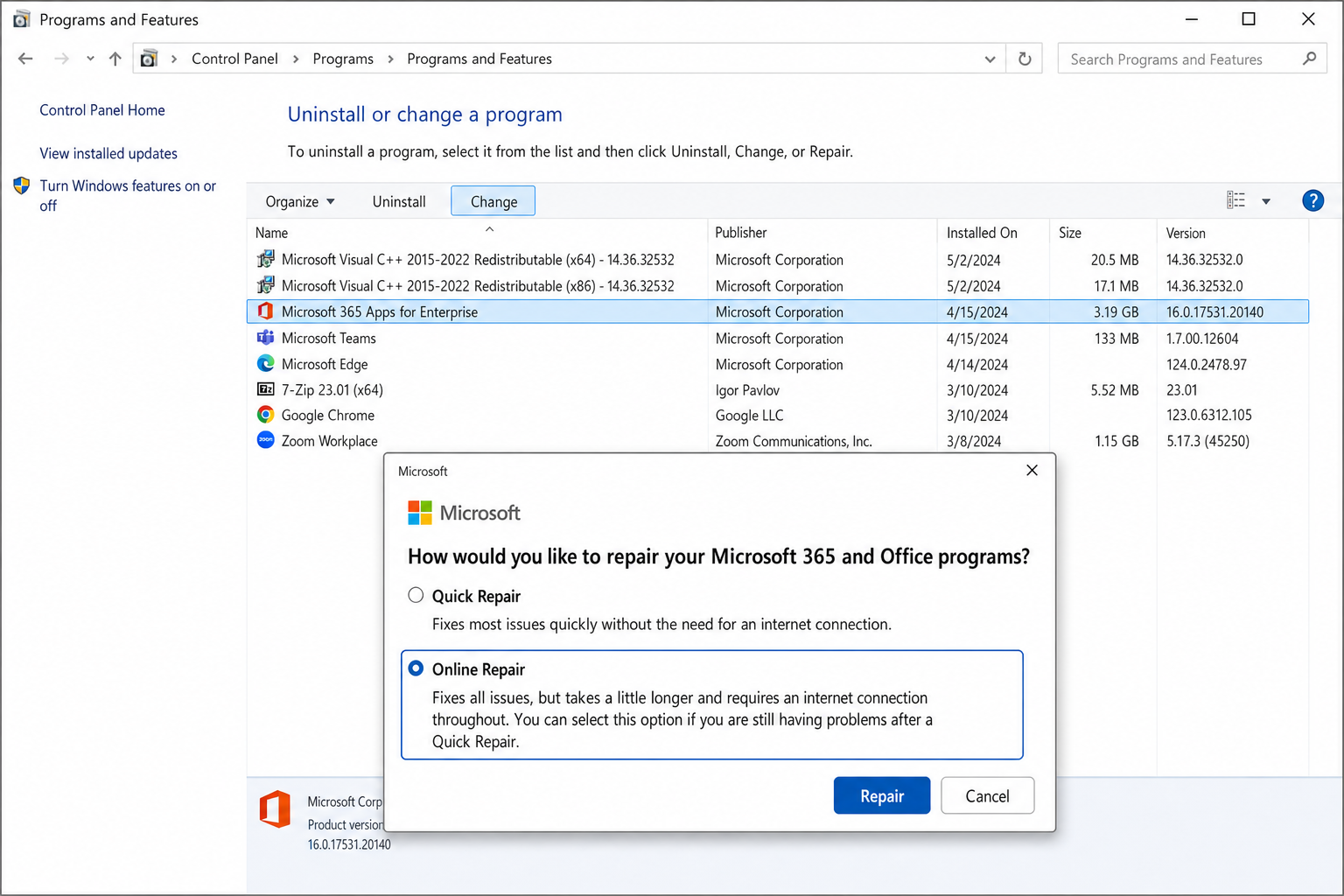 Programs and Features (appwiz.cpl) with Microsoft 365 selected and the Change button visible, followed by the Office repair dialog showing Online Repair selected